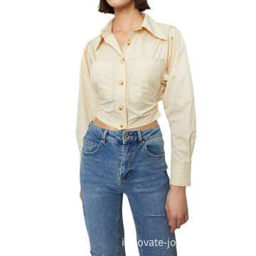 Button Pockets Elegant Casual Blouse Crop Tops